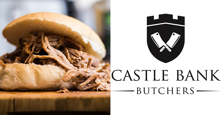 Pulled pork sandwich and Castle Bank Butchers Logo